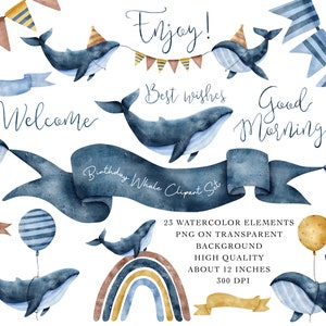 Feliz cumpleaños Cliparts de acuarela, Feliz cumpleaños Ballena Acuarela Clipart, Acuarela de ballena, Guardería, Clipart de acuarela de fiesta, Linda ballena