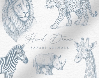 Imágenes prediseñadas de animales de safari dibujados a mano / Paquete de imágenes prediseñadas de animales de safari / Conjunto de imágenes prediseñadas de vida silvestre / Animales de safari PNG SVG EPS / Imágenes prediseñadas de animales de la selva