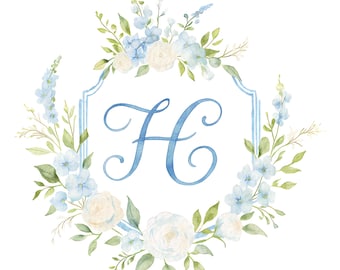 Escudo de boda en acuarela / Marco floral pintado a mano PNG / Escudo azul y blanco con fondo transparente / Logotipo de monograma DIY para invitación