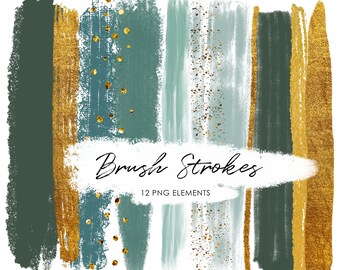 Emerald Watercolor Brush Strokes, Gold and green watercolor design kit , Clip Art , Mint and Gold foil, Watercolor Splashes, Green Splatters