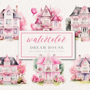 Acquerello Dream House Clipart - Acquerello Pink House Download digitale - Download istantaneo in formato PNG per uso commerciale