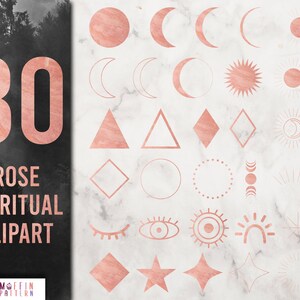 Pode incluir: Um conjunto de 30 imagens de clipart espiritual em ouro rosa. As imagens incluem luas, sóis, estrelas, triângulos, diamantes e outras formas geométricas.