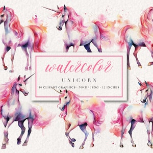 Watercolor Unicorn Clipart - Watercolor Birthday Unicorn Cliparts - Pink Unicorn Clipart Bundle - PNG Download