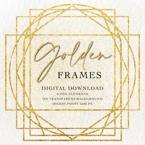 Golden Frames, Wedding invitation card, Gold border, Digital floral clipart PNG, Instant download, Wedding Gold Frames, Gold Frames Border
