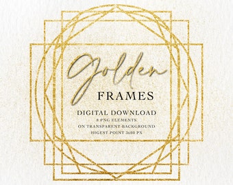 May include: Set of eight gold glitter frames with a geometric design. The frames are on a transparent background and are perfect for adding a touch of glamour to your digital projects.