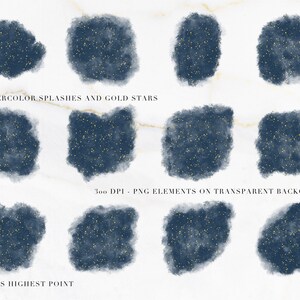 May include: Twelve navy blue watercolour splashes with gold star accents. The image includes the text "12 WATERCOLOR SPLASHES AND GOLD STARS" and "4 INCHES HIGHEST POINT". The image also includes the text "300 DPI - PNG ELEMENTS ON TRANSPARENT BACKGROUND".