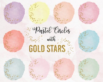 Sparkling Pastel Circles Clipart, Rainbow Circles with Glitter Stars Clip Art, Sparkle, Watercolor Circles, PNG Files, Digital Download
