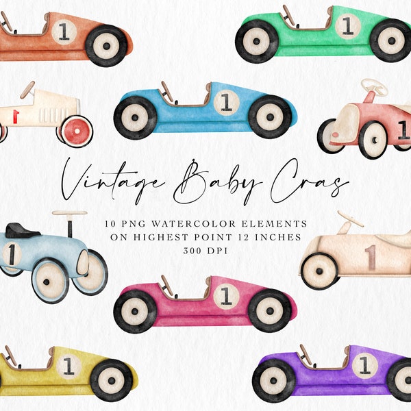 Vintage Watercolor Cars Clipart, Cartoon Cute Cars, Watercolor Boy Nursery, Digital PNG Files, Watercolor Cars, Baby Boy, Nursery Cars