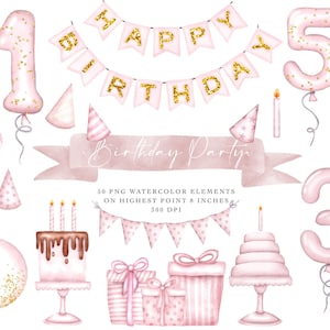 Cliparts de acuarela de fiesta de cumpleaños, acuarela de fiesta, clipart de feliz cumpleaños, clipart de acuarela en globo, juego de imágenes prediseñadas digitales imprimibles