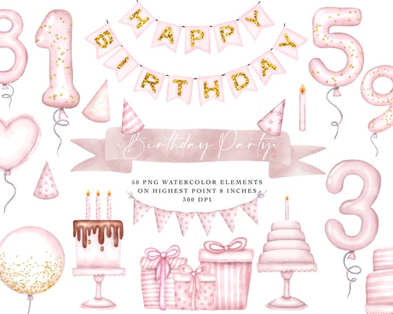 Birthday Party Watercolor Cliparts, Party Watercolor, Happy Birthday Clipart, Balloon Watercolor Clipart, Printable Digital Clipart Set