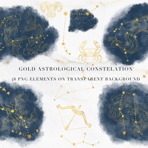 Złota konstelacja astrologiczna, Złote znaki zodiaku clipart, Konstelacje zodiakalne Clipart, Symbole zodiaku, złota i akwarelowa aranżacja