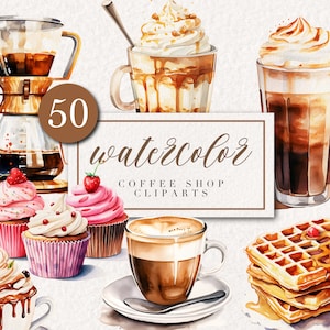 50 Watercolor coffee and sweets, Watercolor Coffee stickers, Watercolor Coffee bundle, PNG download, Commercial Use