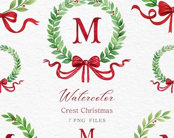 Monograma de corona navideña de acuarela / Escudo de vegetación con lazo rojo / Clipart de letra M navideña / Fondo PNG transparente / Paquete de 7 archivos