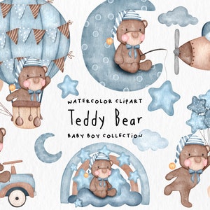 Watercolor Bear Clipart, Teddy Bear Clipart, Watercolor Baby Boy Nursery, Nursery Watercolor Clipart, Nursery Decor, Baby Boy Watercolor