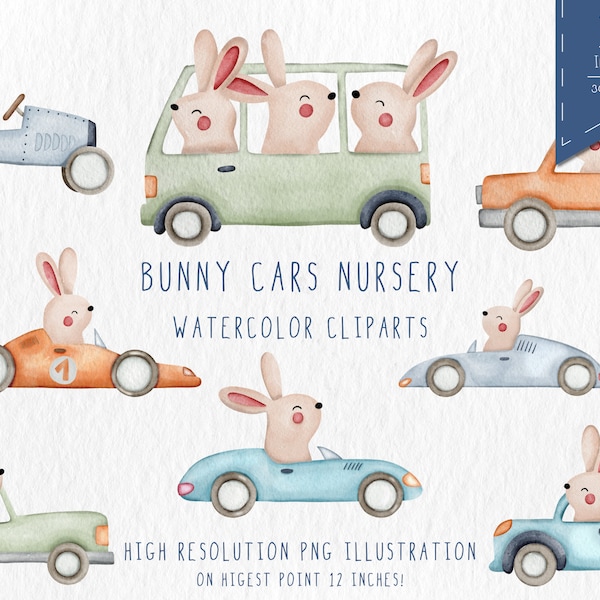 Nursery Bunny cars Aquarelle Clipart, Voitures Aquarelle Clipart, Nursery Cute Bunny, Bunny Aquarelle Anniversaire, Mignon Aquarelle, Voitures PNG