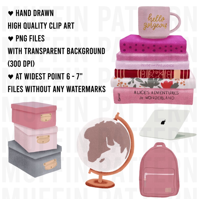 May include: A set of digital illustrations featuring a pink mug with the text "hello gorgeous", a stack of books with titles "Pride and Prejudice" and "Alice's Adventures in Wonderland", a globe, a laptop, a pink backpack, and three pink and gray boxes.