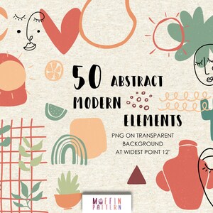 Peut inclure: 50 &eacute;l&eacute;ments abstraits modernes dans une vari&eacute;t&eacute; de formes, de couleurs et de motifs. Les &eacute;l&eacute;ments sont parfaits pour cr&eacute;er des designs num&eacute;riques ou imprim&eacute;s. PNG sur fond transparent, au point le plus large 30,5 cm.
