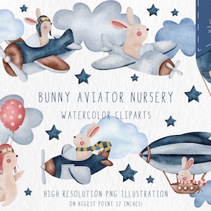 Nursery Bunny Aviator Aquacolor Clipart, Air Transport Aquacolor Clipart, Nursery Cute Bunny, Bunny Aquarelle Anniversaire, Mignon Aquarelle
