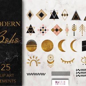 Gold Boho clipart, moderne gouden boho vormen, Azteekse Driehoek Vorm, joga logo, Abstract boho collage clipart, , instagram stickers