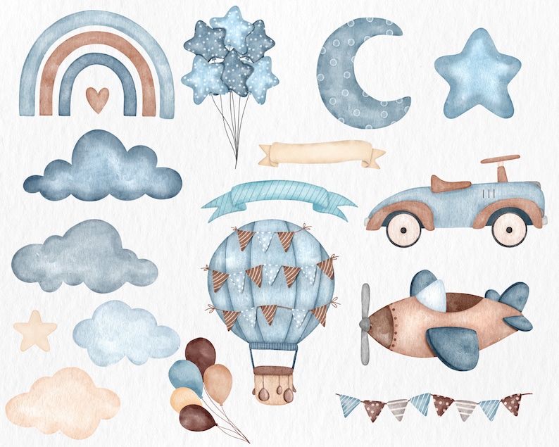 Puede incluir: Ilustraciones en acuarela de un arco&iacute;ris, nubes, estrellas, globos, una luna, un coche, un avi&oacute;n, un globo aerost&aacute;tico y pancartas. La paleta de colores incluye tonos de azul, marr&oacute;n y beige, creando una est&eacute;tica suave y caprichosa.