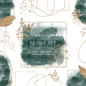 Gold and Watercolor frames, Emerald Watercolor Frames, Gold frames, Polygonal frames, Frame overlays, Watercolor splashes, Transparent PNG