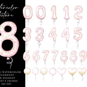 May include: Set of 50 watercolor pink and gold balloon number clipart images. The numbers are 0-9 and are perfect for party decorations, invitations, and scrapbooking.