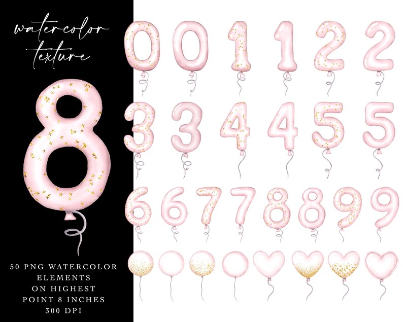 May include: Set of 50 watercolor pink and gold balloon number clipart images. The numbers are 0-9 and are perfect for party decorations, invitations, and scrapbooking.