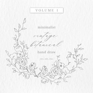 Minimalistische Vintage Botanische, Blühende Klassische Blumenrahmen, Hochzeitssträuße, Hochzeitseinladung Zarte, minimalistische botanische Linie Kunst