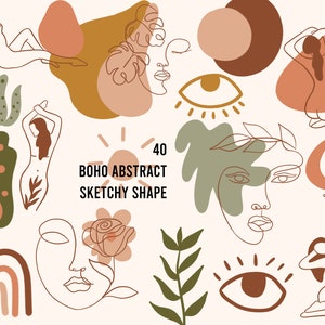Boho Elementos de diseño abstracto, Clipart de formas abstractas modernas, Elementos abstractos Colores de la tierra, arte de la cara de línea, marca minimalista de terracota