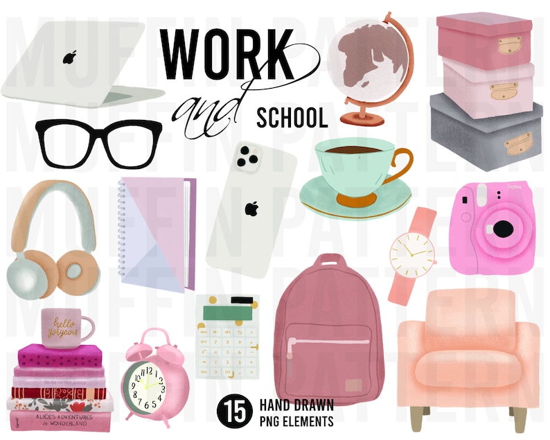 May include: A set of 15 hand-drawn digital illustrations featuring school and work-related items. The illustrations include a laptop, glasses, headphones, a notebook, a phone, a coffee cup, a globe, a backpack, a calculator, an alarm clock, a camera, a watch, a chair, and a stack of books. The text "WORK and SCHOOL" is also included in the image.