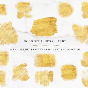 Gold Brush strokes clipart, Design elements, Gold splashes clipart, Gold splatters, Paint splatters, Gold clipart