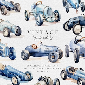 Aquarel Vintage Race Car kwekerij Clipart Set - 16 charmante illustraties, decor van de kinderkamer, babyshower, afdrukbare kunst