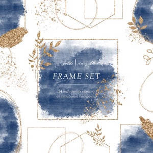 Gold Frame with navy blue watercolor,  frame overlays for logo, Gold floral frames, Blue Watercolor frames, Gold flowers, Transparent PNG