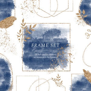Gouden Frame met marineblauwe aquarel, frame overlays voor logo, Gouden bloemen frames, Blauwe Aquarel frames, Gouden bloemen, Transparant PNG
