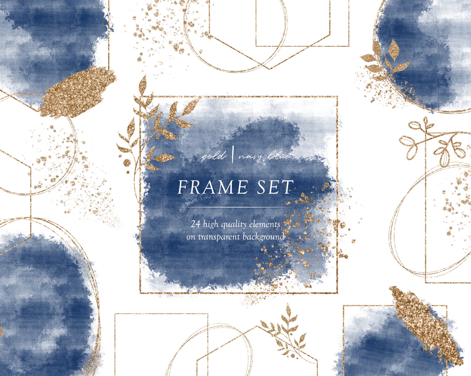 Gold Frame with navy blue watercolor frame overlays for | Etsy