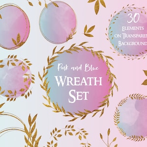 Gold frames clipart , purple and pink watercolor splashes, gold overlays, gold wreaths, floral design elements, digital gold foil leaves