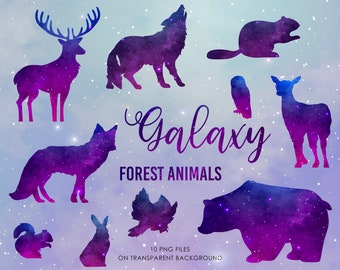 Watercolor Space Animal Clipart, Space Galaxy Animals Clipart, Stars Bear, Fox, Squirrel, Deer, Forest Animals, Cosmic Clip Art
