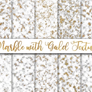 May include: Set of eight digital paper textures featuring white marble with gold glitter accents. The textures are seamless and can be used for a variety of projects, such as scrapbooking, card making, and digital design.