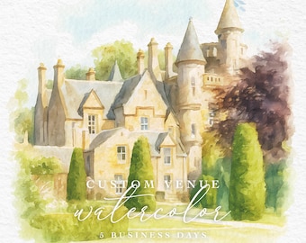 Ilustración de acuarela para iglesia o lugar de celebración de bodas, boceto de lugar de celebración de bodas, pintura de acuarela personalizada, descarga digital