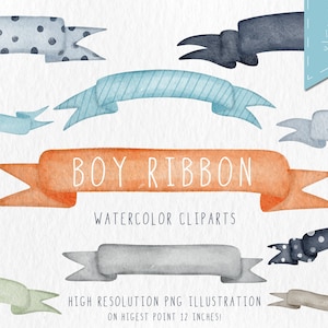 Boy Watercolor Ribbon Clipart, clip art de cinta, Archivos PNG individuales digitales, Descarga instantánea, cinta de guardería, Acuarela de cinta náutica