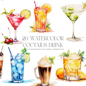 Clipart pacchetto cocktail drink acquerello, bevande alcoliche popolari acquerello, illustrazioni di cocktail, sfondo trasparente, sublimazioni fai da te