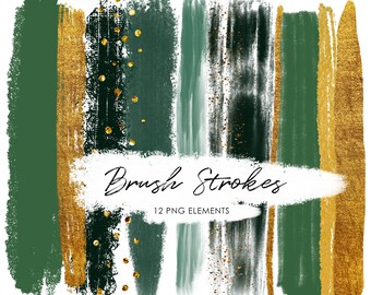 Bottle green watercolor Brush Strokes,  Gold confetti, emerald brush strokes png, set of 12 PNG clip art , digital download