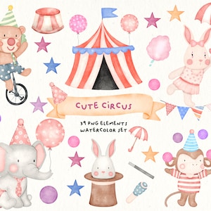 Cute Watercolor Circus Animals, Watercolor Nursery Clipart, Circus Watercolor PNG, Circus watercolor clipart set, nursery decoration, png