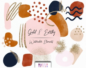Puede incluir: Un conjunto de elementos de acuarela digital en tonos de rosa, marrón, beige y azul con acentos de purpurina dorada. Los elementos incluyen formas abstractas, puntos y líneas. El texto "Gold & Earthy Watercolor Elements" está incluido en la imagen.
