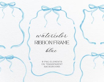 Könnte beinhalten: Aquarell blaues Schleifenrahmen mit 8 PNG-Elementen auf transparentem Hintergrund. Der Rahmen besteht aus blauem Band mit einem gewellten Rand. Der Text "watercolor ribbon frame blue" ist in Kursivschrift geschrieben.