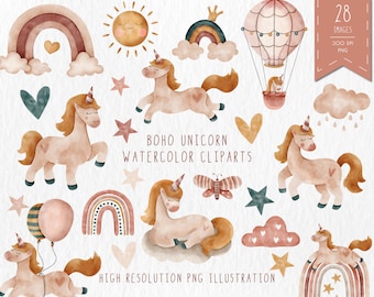Boho Unicorn Clipart, Acquerello Boho Clipart, Acquerello Unicorno, Arcobaleno Acquerello, Nursery Clipart, Boho Rainbow Clipart, Cute Unicorn