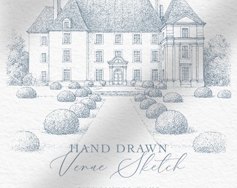 Boceto de lugar de boda personalizado / Ilustración de edificio dibujada a mano / Ilustración de invitación de boda personalizada / Descarga digital PNG SVG