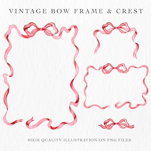 May include: A set of four pink watercolor bow frames and crests. The frames are in the shape of a square, rectangle, and two smaller bows. The frames are perfect for adding a touch of elegance to your designs.