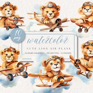 Aquarell Kinderzimmer Baby Löwe Flugzeug - Aquarell Süßer Löwe Set - Baby Jungen Kinderzimmer Clipart - Aquarell Löwe Flugzeug Clipart Set, PNG