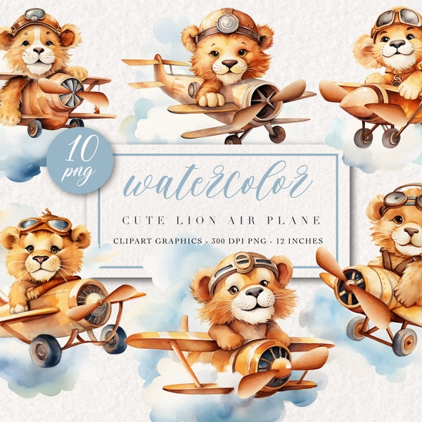 Watercolor Nursery Baby Lion Airplane - Watercolor Cute Lion Set - Baby Boy Nursery Clipart - Watercolor Lion Airplane Clipart Set, PNG